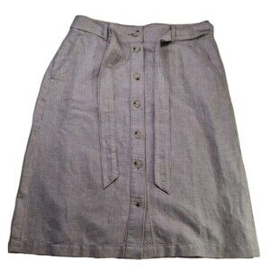 Linen Cotton Blend Sz 8 Button Front Midi Dress Tie Belt Burgundy White Stripes